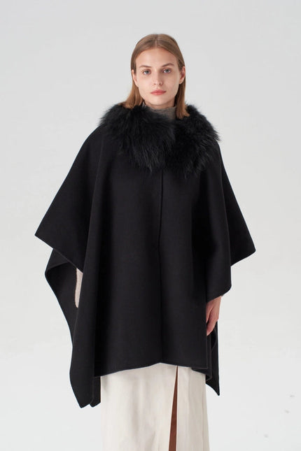 Cashmere Cape with Detachable Fur Collar - Black