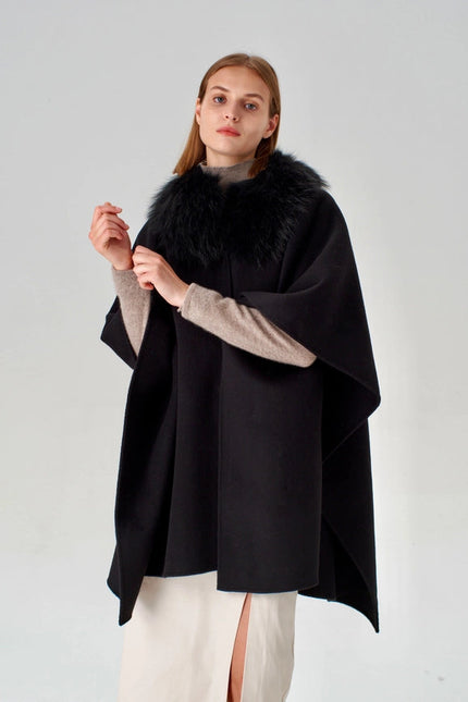 Cashmere Cape with Detachable Fur Collar - Black