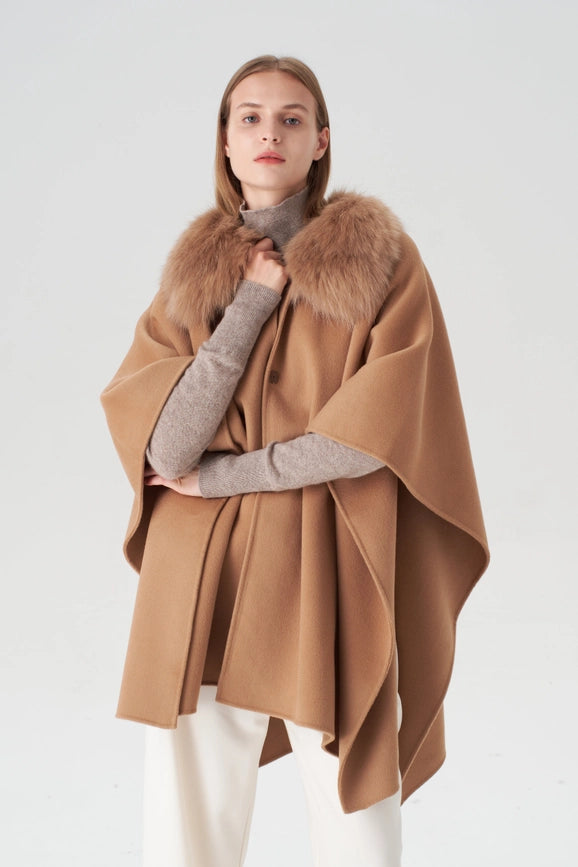 Cashmere Cape with Detachable Fur Collar - Camel