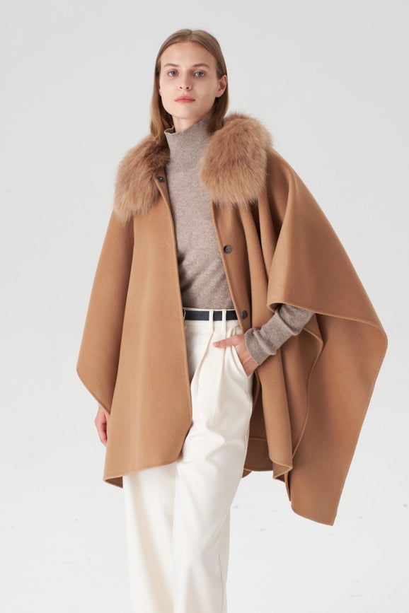 Cashmere Cape with Detachable Fur Collar - Camel