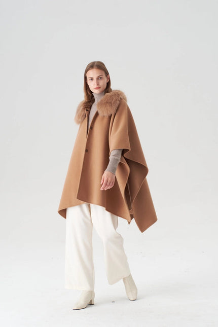 Cashmere Cape with Detachable Fur Collar - Camel