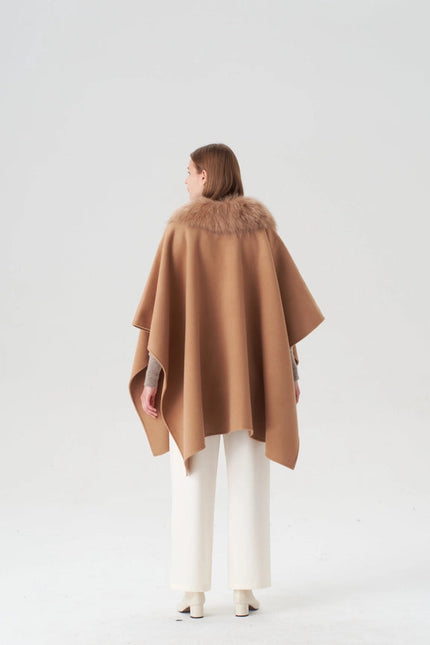 Cashmere Cape with Detachable Fur Collar - Camel