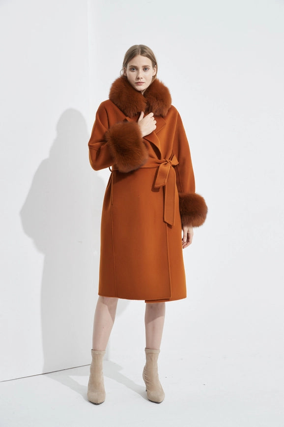 Cashmere Coat with Detachable Collar and Cuffs - Maple