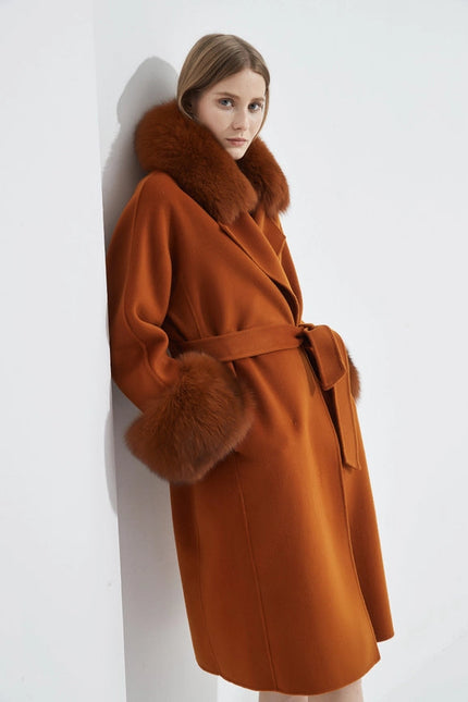 Cashmere Coat with Detachable Collar and Cuffs - Maple