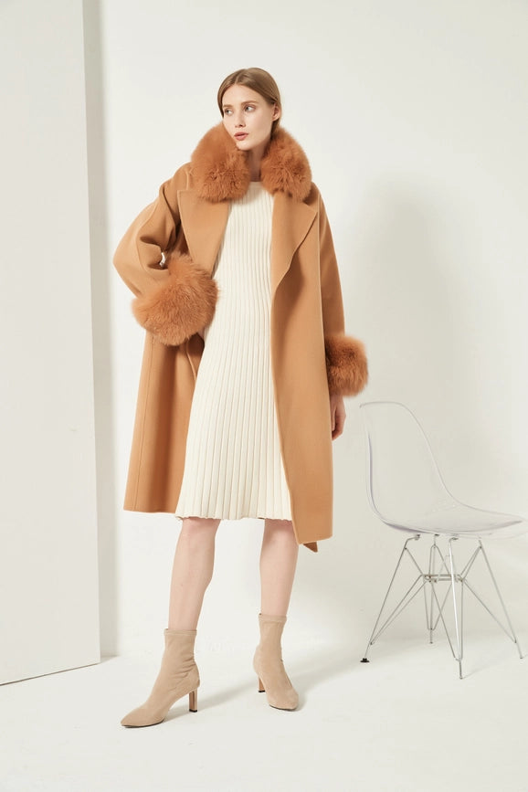 Cashmere Coat with Detachable Fur Collar & Cuffs Camel