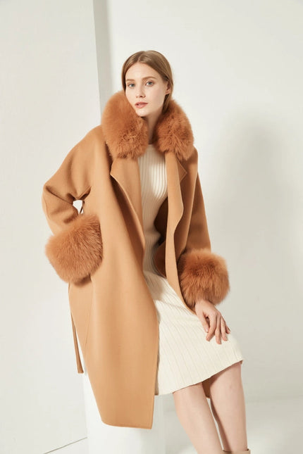 Cashmere Coat with Detachable Fur Collar & Cuffs Camel