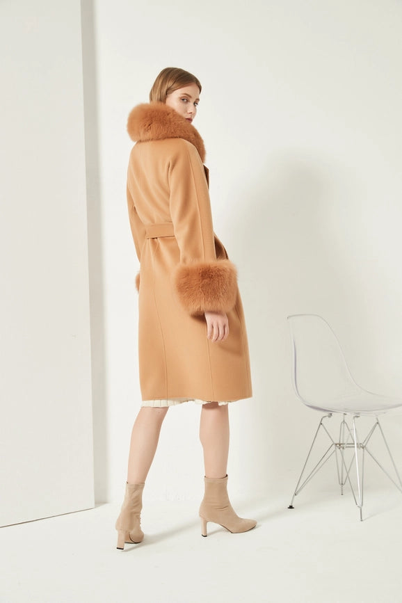 Cashmere Coat with Detachable Fur Collar & Cuffs Camel