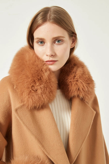 Cashmere Coat with Detachable Fur Collar & Cuffs Camel