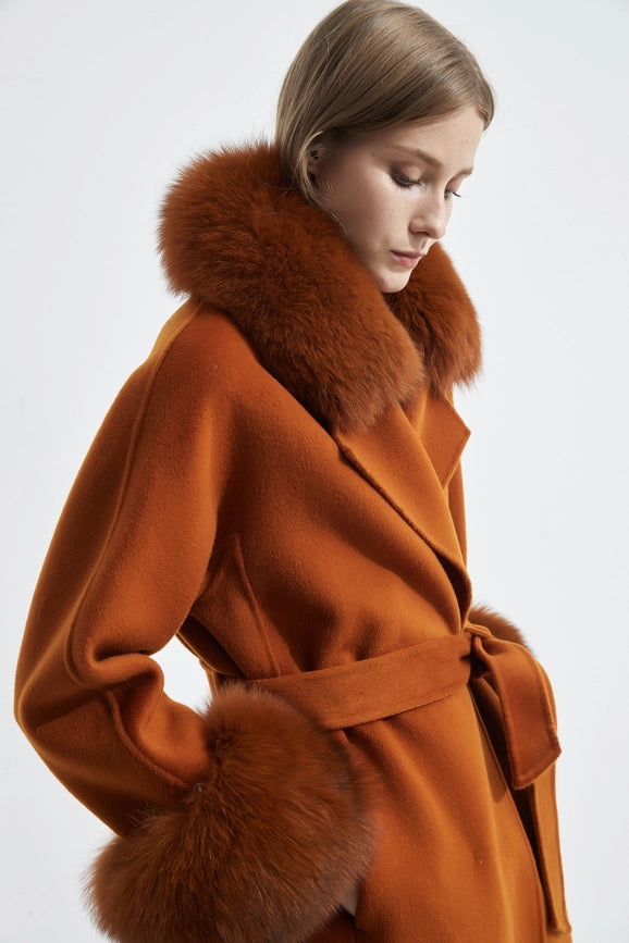 Cashmere Coat with Detachable Fur Collar & Cuffs Maple