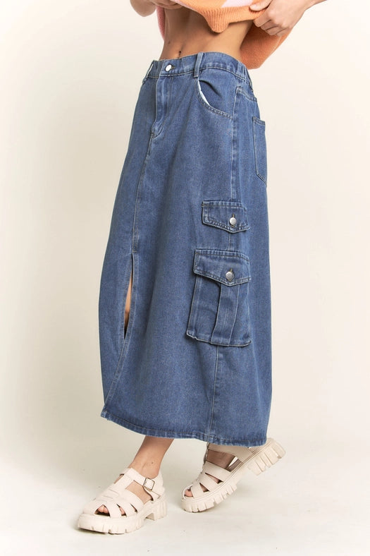 Casual Denim Maxi Cargo Skirt