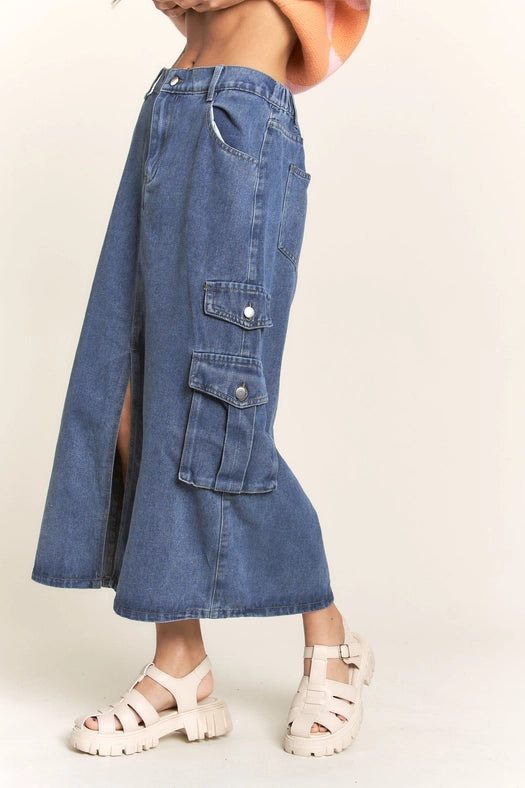 Casual Denim Maxi Cargo Skirt