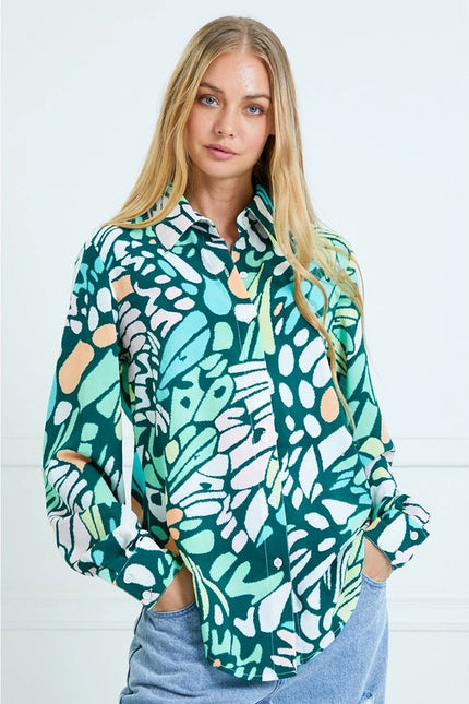 Casual Leaf Print Collard and Button Down Blouse GREEN