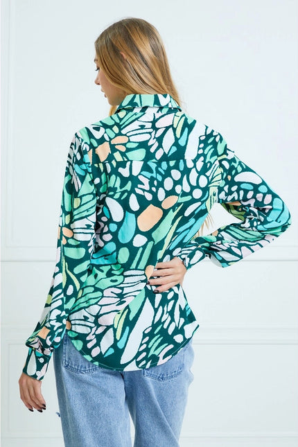 Casual Leaf Print Collard and Button Down Blouse GREEN