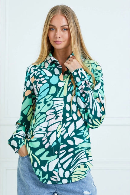 Casual Leaf Print Collard and Button Down Blouse GREEN