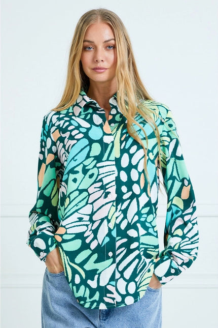 Casual Leaf Print Collard and Button Down Blouse GREEN