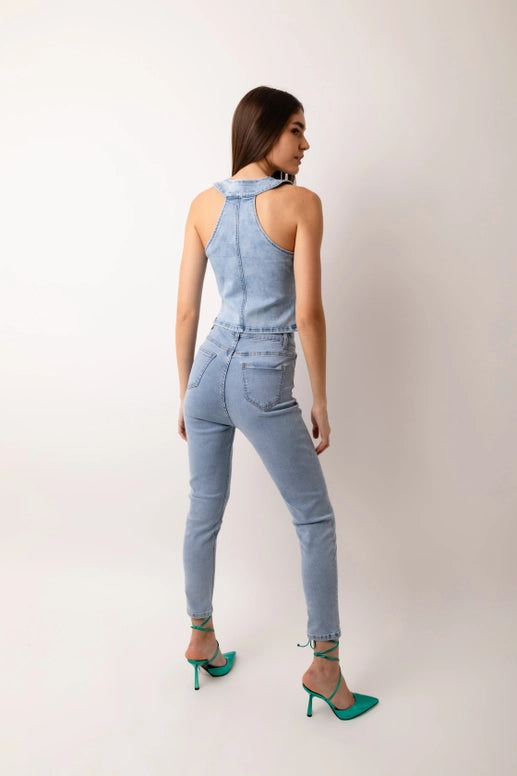 Celine Racer Back Denim Fitted Waistcoat