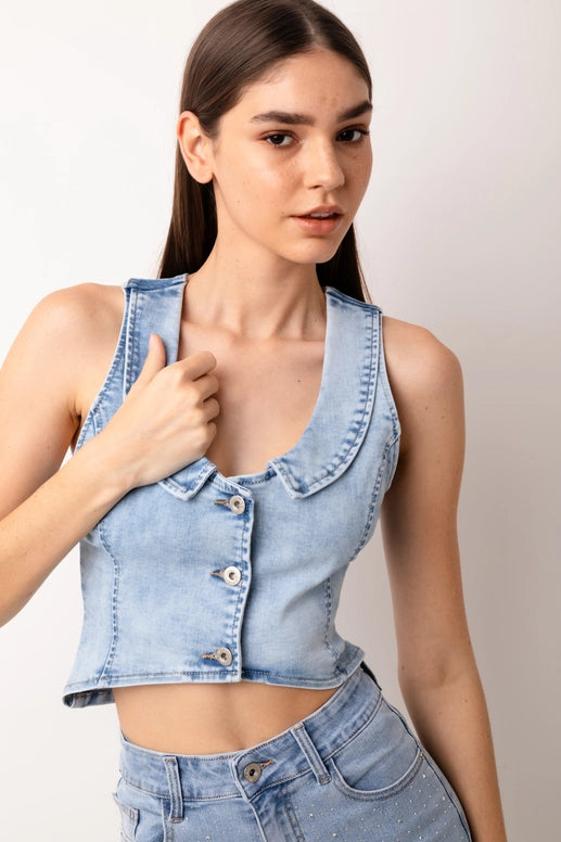 Celine Racer Back Denim Fitted Waistcoat