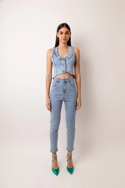 Celine Racer Back Denim Fitted Waistcoat