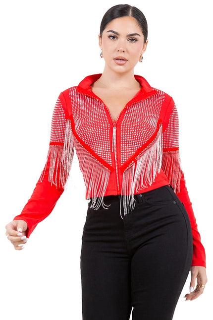 Chain Fringe & Studded Zipper Jacket Red