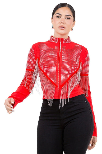 Chain Fringe & Studded Zipper Jacket Red