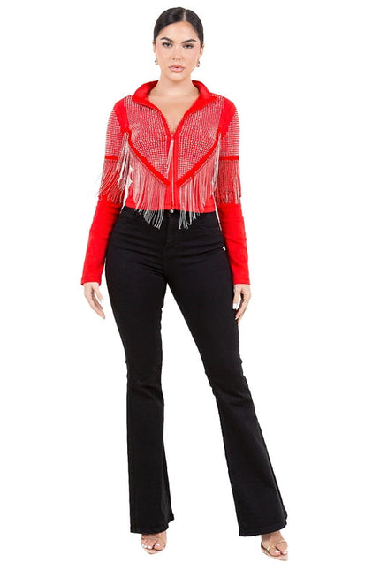 Chain Fringe & Studded Zipper Jacket Red