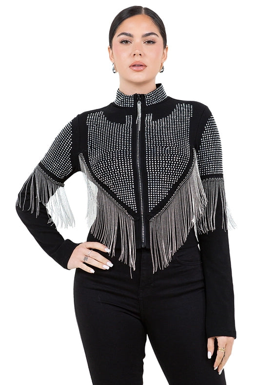 Chain Fringe & Studded Zipper Jacket Silver