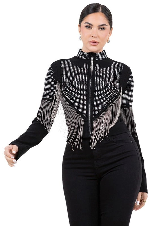 Chain Fringe & Studded Zipper Jacket Silver