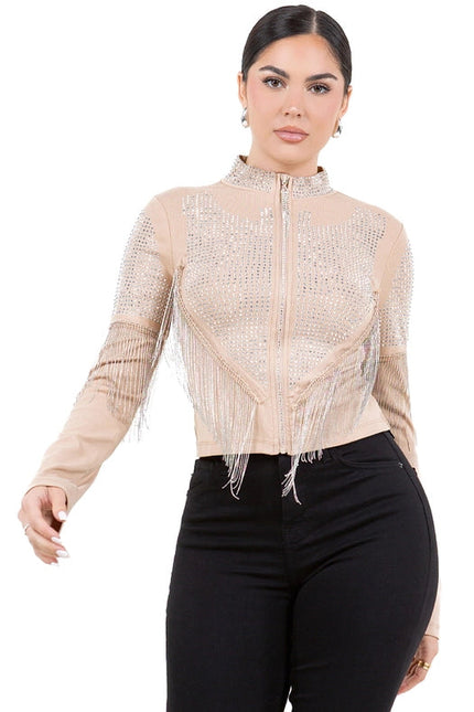 Chain Fringe & Studded Zipper Jacket TAUPE