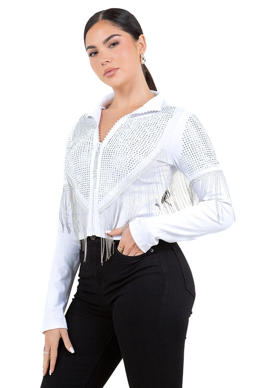 Chain Fringe & Studded Zipper Jacket White