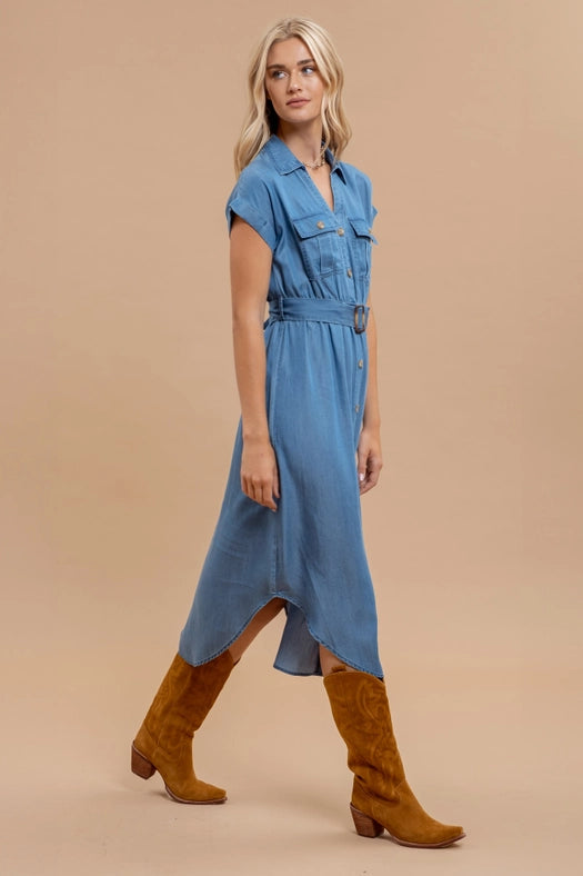 Chambray Collared Button Down Belted Midi Dress