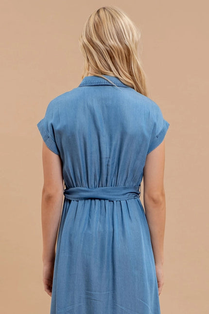 Chambray Collared Button Down Belted Midi Dress