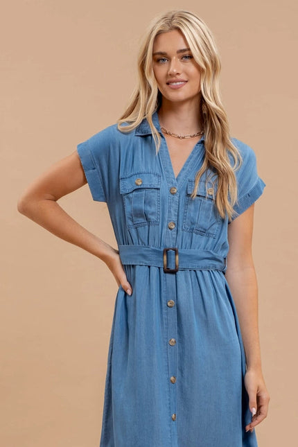 Chambray Collared Button Down Belted Midi Dress