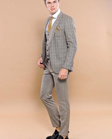 Checked Brown Vested Men's Suit