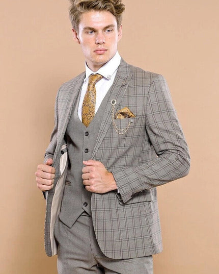 Checked Brown Vested Men's Suit