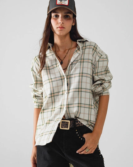 Checked Shirt with Back Opening in Beige