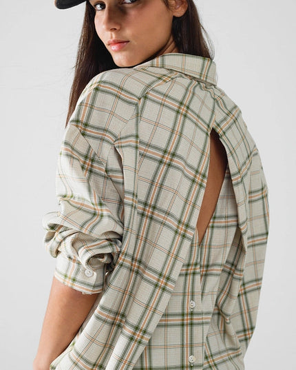 Checked Shirt with Back Opening in Beige