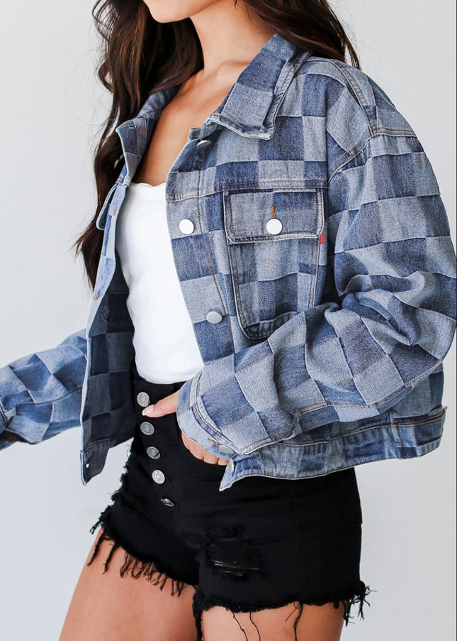 Checkered Button Up Denim Jacket