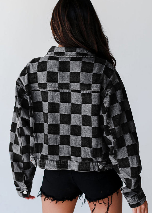 Checkered Button Up Denim Jacket