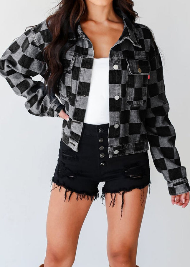 Checkered Button Up Denim Jacket