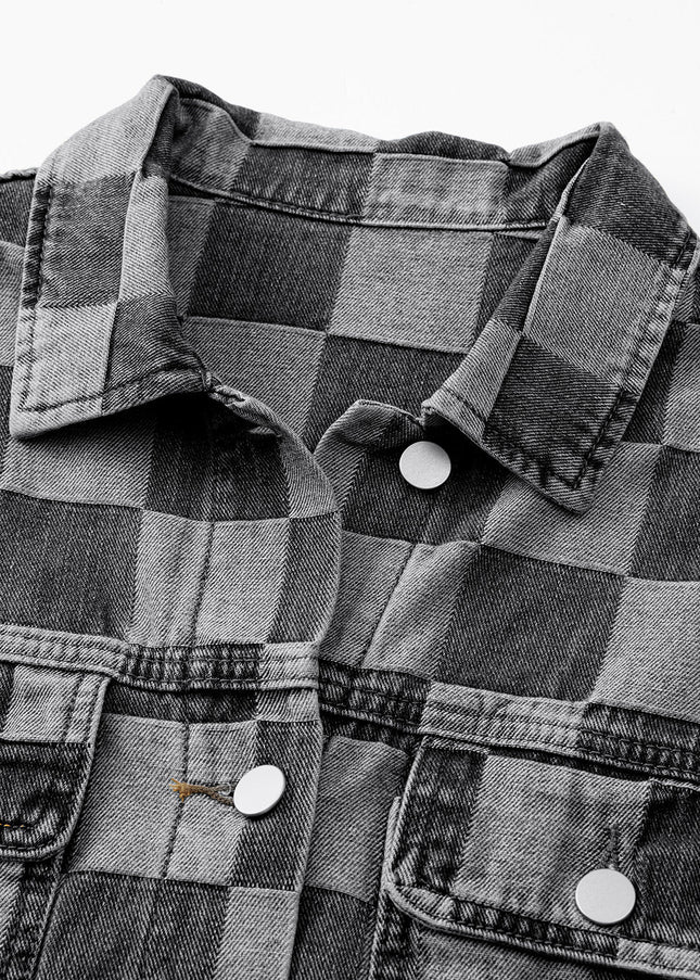 Checkered Button Up Denim Jacket