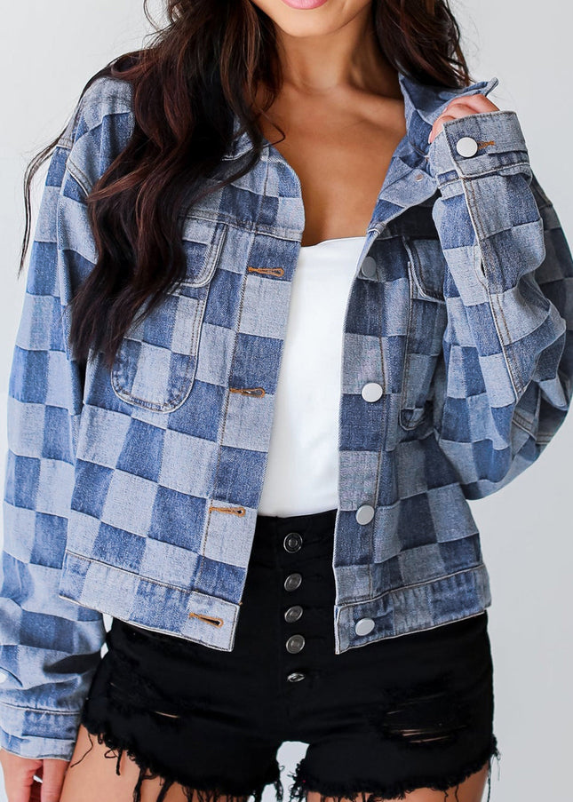 Checkered Button Up Denim Jacket