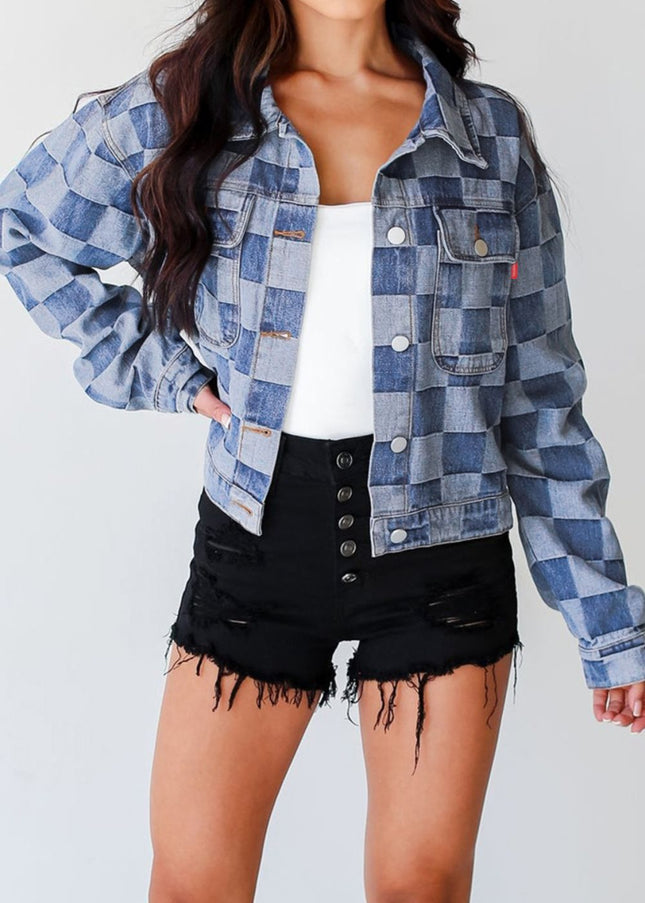 Checkered Button Up Denim Jacket