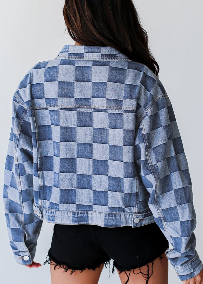 Checkered Button Up Denim Jacket