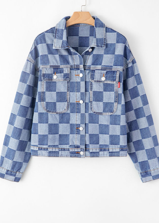 Checkered Button Up Denim Jacket