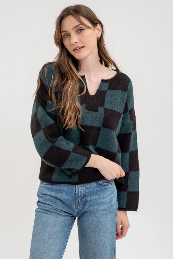 Checkered Split Neck Long Sleeve Knit Sweater