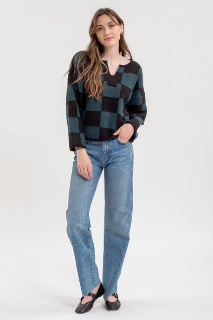 Checkered Split Neck Long Sleeve Knit Sweater