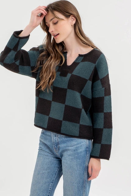 Checkered Split Neck Long Sleeve Knit Sweater