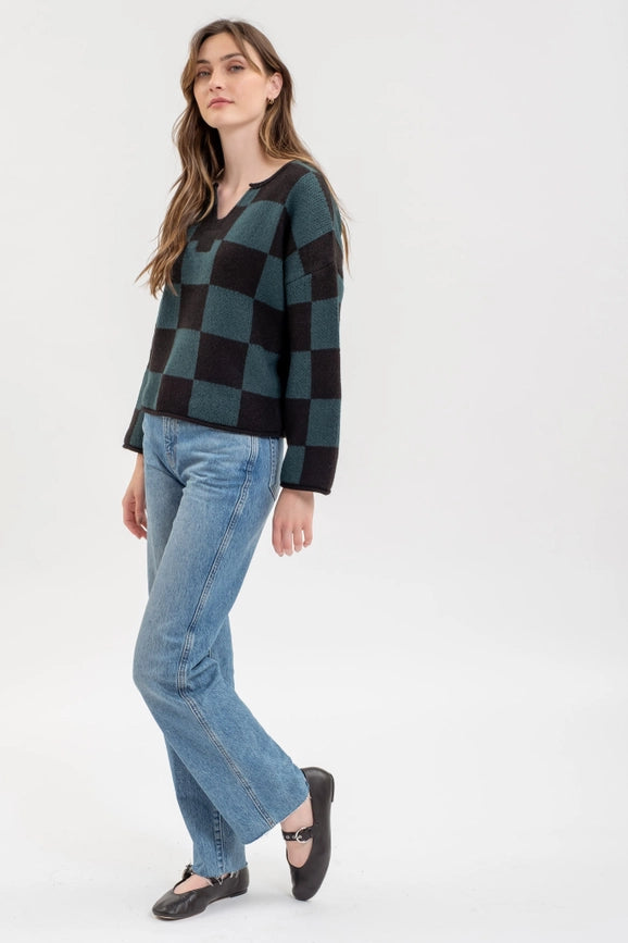 Checkered Split Neck Long Sleeve Knit Sweater