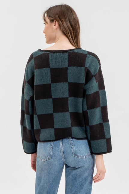 Checkered Split Neck Long Sleeve Knit Sweater