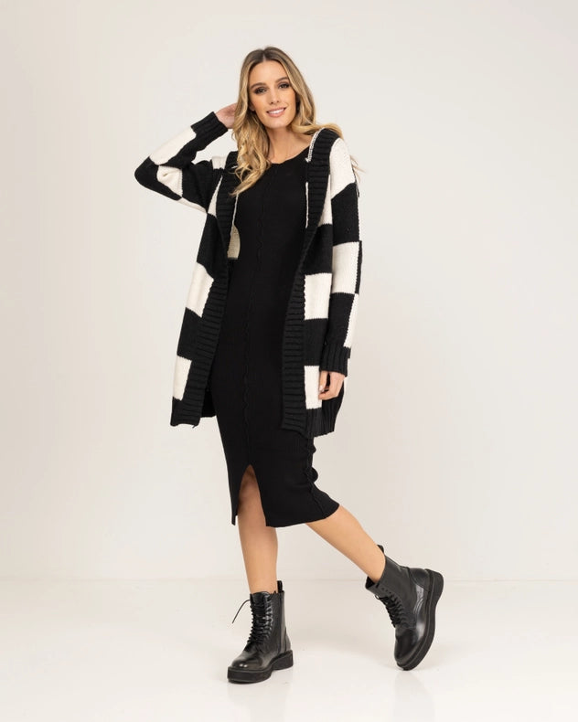 Checkered Knit Cardigan With Hood